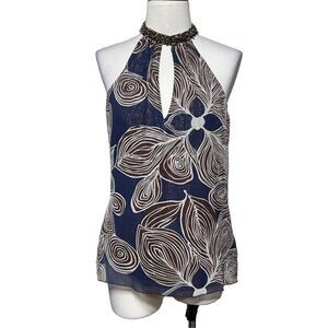 Trina Turk Size 6 Sleeveless Silk Embellished Party Top Metallic Print